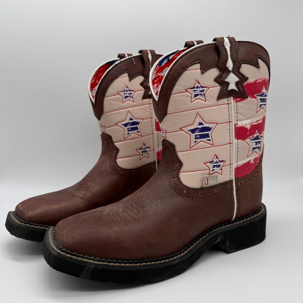 Justin Gypsy Cowboy Boots Kids 8B Brown Patriotic Flag Stars L9520 Square Toe